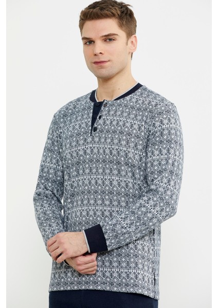 Desen Kombinli Örme Yaka Pijama Takım - Lacivert