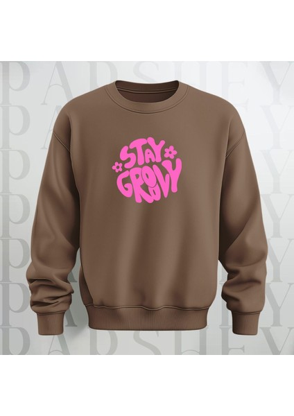 Stay Groovy Göğüs Baskılı Kalın Kumaş 3 Iplik Şardonlu Oversize Bisiklet Yaka Sweatshirt