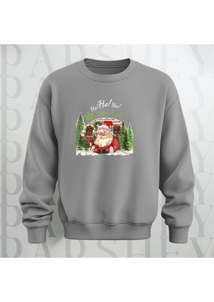 Noel Baba Ho Ho Ho! Baskılı Bisiklet Yaka Kalın Kumaş Oversize Sweatshirt 3 Iplik Şardonlu