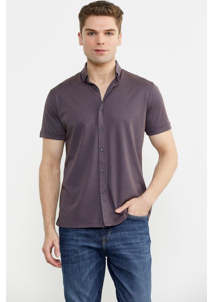 Kısa Kol Slim Fit Penye Gömlek - Mor