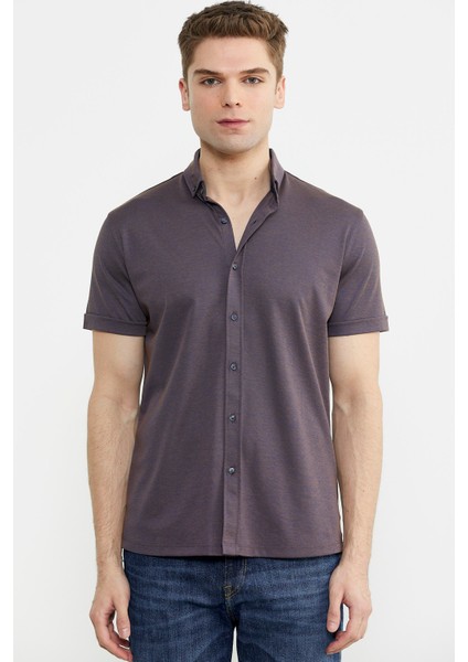 Kısa Kol Slim Fit Penye Gömlek - Mor fiyatları