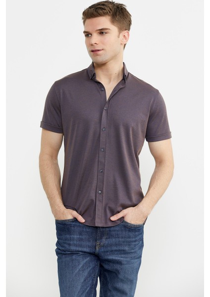 Kısa Kol Slim Fit Penye Gömlek - Mor modelleri