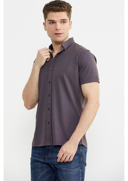 Kısa Kol Slim Fit Penye Gömlek - Mor fırsatları