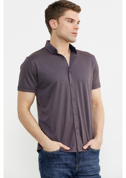 Kısa Kol Slim Fit Penye Gömlek - Mor indirimleri