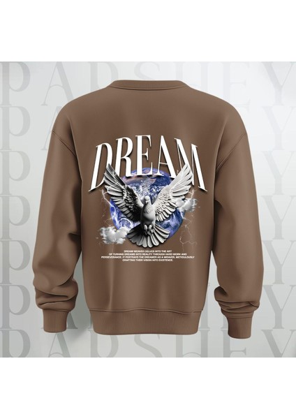 Dream Kuş Desenli Sırt Baskılı 3 Iplik Şardonlu Oversize Bisiklet Yaka Sweatshirt
