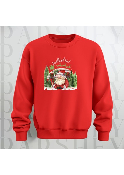 Noel Baba Ho Ho Ho! Baskılı Bisiklet Yaka Kalın Kumaş Oversize Sweatshirt 3 Iplik Şardonlu