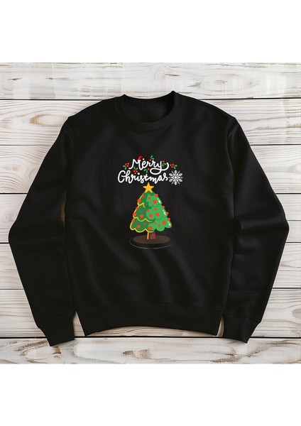 Merry Christmas Çam Ağacı Baskılı Siyah Bisiklet Yaka Sweatshirt Kalın Kumaş 3 Iplik