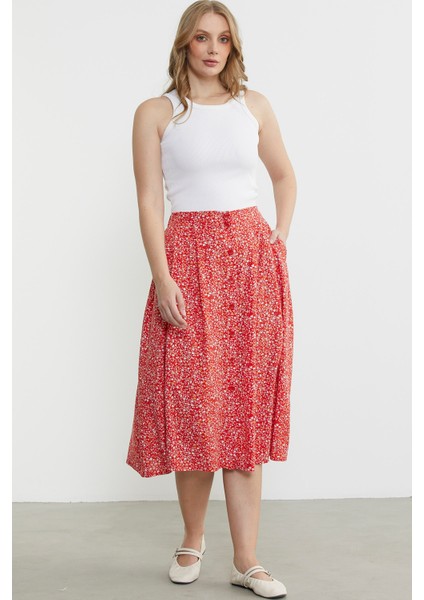 Çiçek Desenli Midi Boy Etek - Kırmızı fiyatları