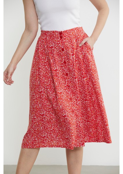 Çiçek Desenli Midi Boy Etek - Kırmızı modelleri