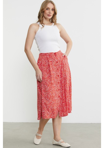 Çiçek Desenli Midi Boy Etek - Kırmızı fırsatları