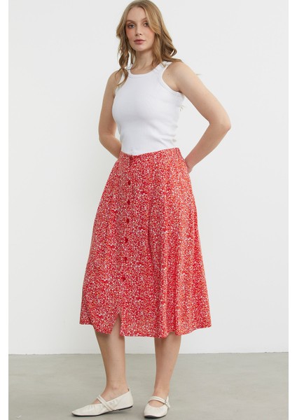 Çiçek Desenli Midi Boy Etek - Kırmızı indirimleri