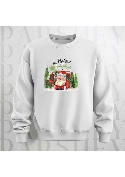 Noel Baba Ho Ho Ho! Baskılı Bisiklet Yaka Kalın Kumaş Oversize Sweatshirt 3 Iplik Şardonlu