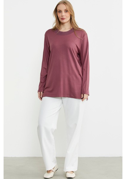 Triko Yaka Kombinli Uzun Kol Bluz - Gül