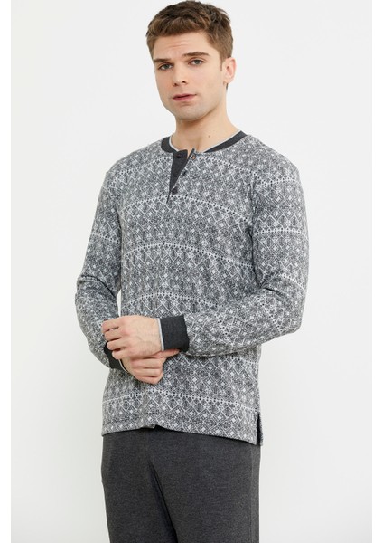 Desen Kombinli Örme Yaka Pijama Takım - Antrasit