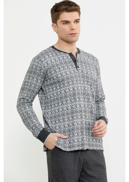 Desen Kombinli Örme Yaka Pijama Takım - Antrasit