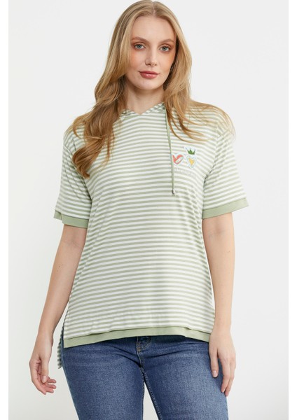 Kapüşonlu Renk Kombinli Çizgili Tişört - Yeşil