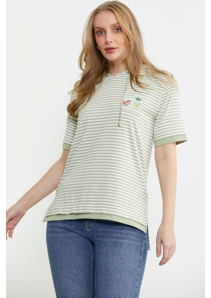 Kapüşonlu Renk Kombinli Çizgili Tişört - Yeşil fiyatları