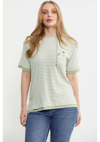 Kapüşonlu Renk Kombinli Çizgili Tişört - Yeşil modelleri