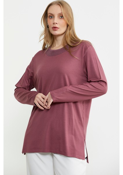 Triko Yaka Kombinli Uzun Kol Bluz - Gül indirimleri