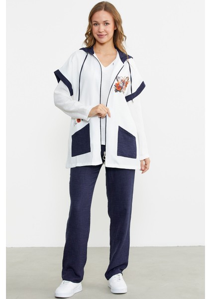 Keten Görünümlü Rahat Kalıp Üçlü Takım - Lacivert