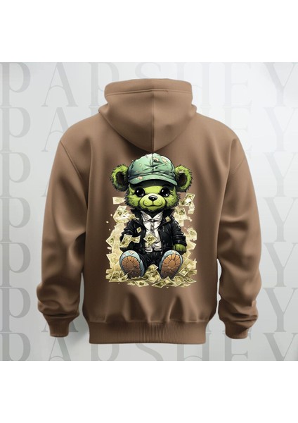 Paralı Teddy Sırt Baskılı Kapüşonlu Oversize Sweatshirt Hoodie Kalın Kumaş 3 Iplik Şardonlu