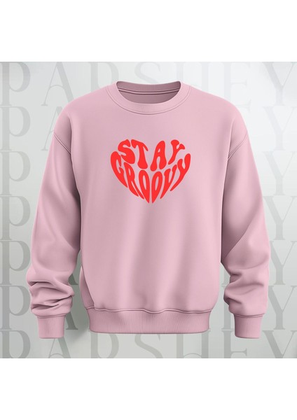 Stay Groovy Kalp Şekilli Baskılı Kalın Kumaş 3 Iplik Oversize Bisiklet Yaka Sweatshirt