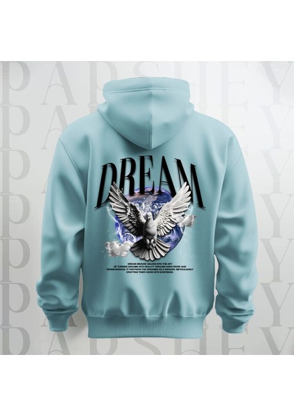 Dream Kanatlı Kuş Sırt Baskılı Kapüşonlu Oversize Sweatshirt Hoodie Kalın Kumaş 3 Iplik Şardonlu