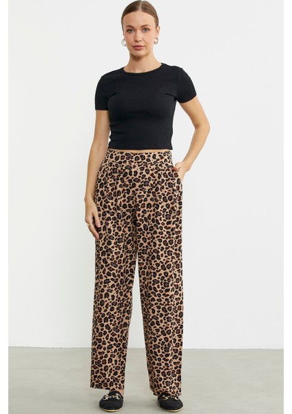 Leopar Desenli Bol Kesim Viskon Pantolon - Kahve