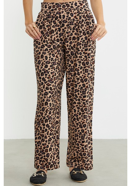 Leopar Desenli Bol Kesim Viskon Pantolon - Kahve fiyatları