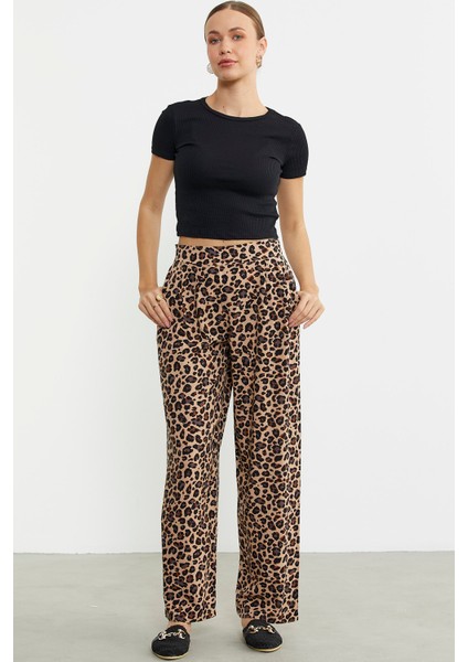 Leopar Desenli Bol Kesim Viskon Pantolon - Kahve modelleri