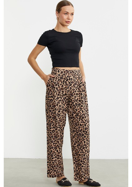 Leopar Desenli Bol Kesim Viskon Pantolon - Kahve fırsatları