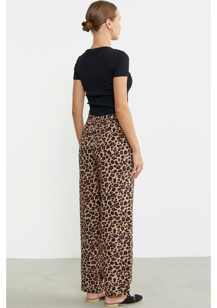 Leopar Desenli Bol Kesim Viskon Pantolon - Kahve indirimleri