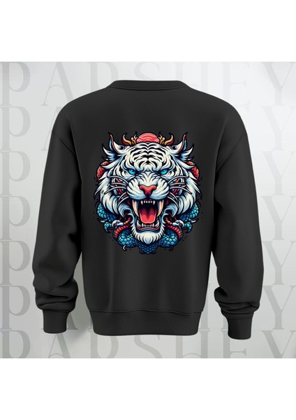 Tiger Baskılı Kalın Kumaş 3 Iplik Şardonlu Oversize Bisiklet Yaka Sweatshirt