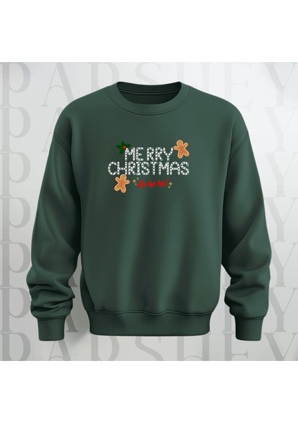Merry Christmas Desenli Bisiklet Yaka Oversize Sweatshirt 3 Iplik Şardonlu