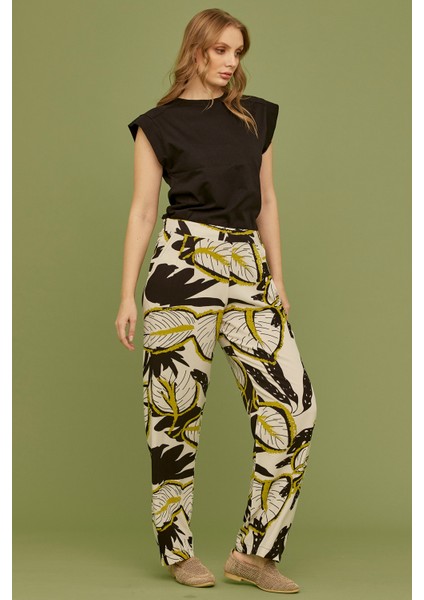 Desenli Rahat Kalıp Viskon Pantolon - Siyah modelleri