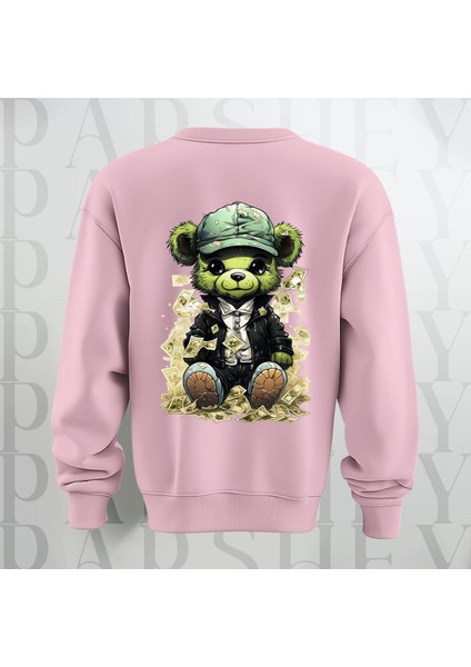 Zengin Teddy Sırt Baskılı Bisiklet Yaka Sweatshirt 3 Iplik Şardonlu Oversize Kalıp