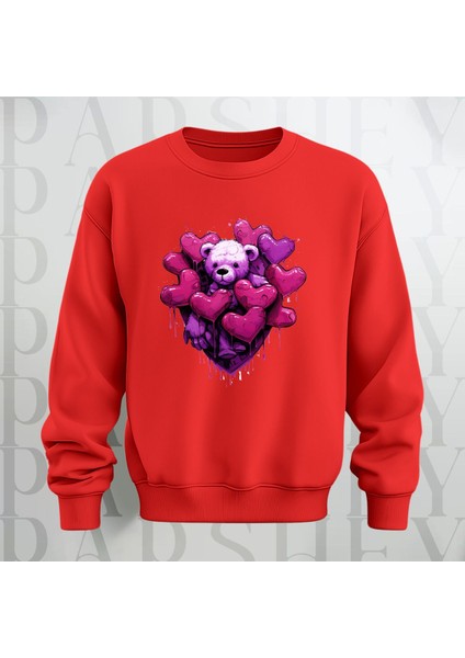 Love Teddy Deseni Baskılı Bisiklet Yaka Oversize Kalıp Sweatshirt 3 Iplik Şardonlu