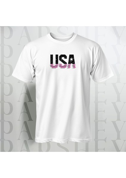 Usa Göğüs Yazı Baskılı Yarım Kollu Bisiklet Yaka Pamuk Oversize T-Shirt