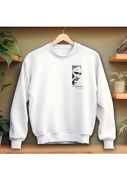 Atatürk Baskılı Beyaz Bisiklet Yaka Sweatshirt Kalın Kumaş 3 Iplik