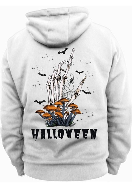 Halloween Baskılı Beyaz Kapüşonlu Sweatshirt Hoodie Kalın Kumaş 3 Iplik Şardonlu