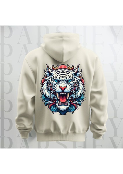 Tiger Büyük Sırt Baskılı Kapüşonlu Sweatshirt Hoodie Kalın Kumaş 3 Iplik Şardonlu