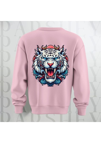 Tiger Baskılı Kalın Kumaş 3 Iplik Şardonlu Oversize Bisiklet Yaka Sweatshirt