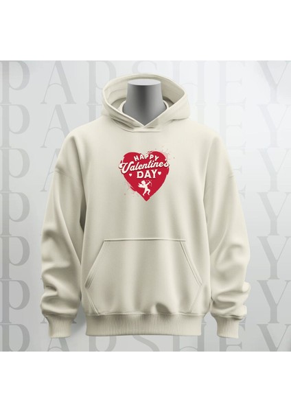 Happy Valentine's Day Kalp Desenli Kapüşonlu Oversize Sweatshirt Hoodie Kalın Kumaş 3 Iplik Şardonlu