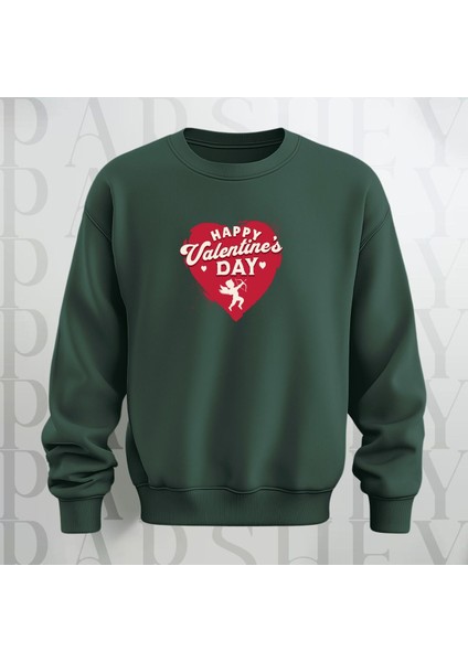 Happy Valentine's Day Kalp Desenli Oversize Bisiklet Yaka Sweatshirt 3 Iplik Şardonlu