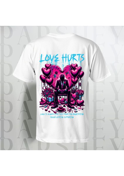 Love Hurts Baskılı Bisiklet Yaka Pamuk Oversize T-Shirt Yarım Kollu