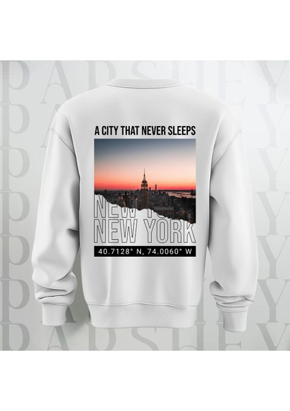 New York Şehir Temalı Sırt Baskılı Oversize Bisiklet Yaka Sweatshirt 3 Iplik Şardonlu