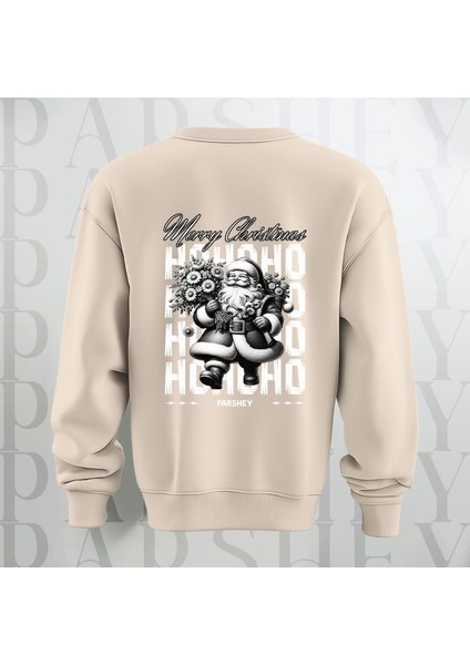 Merry Christmas Noel Baba Sırt Baskılı 3 Iplik Şardonlu Oversize Bisiklet Yaka Sweatshirt