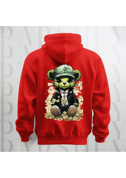 Paralı Teddy Sırt Baskılı Kapüşonlu Oversize Sweatshirt Hoodie Kalın Kumaş 3 Iplik Şardonlu