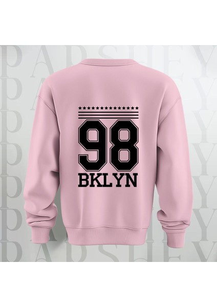 98 Bklyn Yazı Baskılı Bisiklet Yaka Sweatshirt Kalın Kumaş 3 Iplik