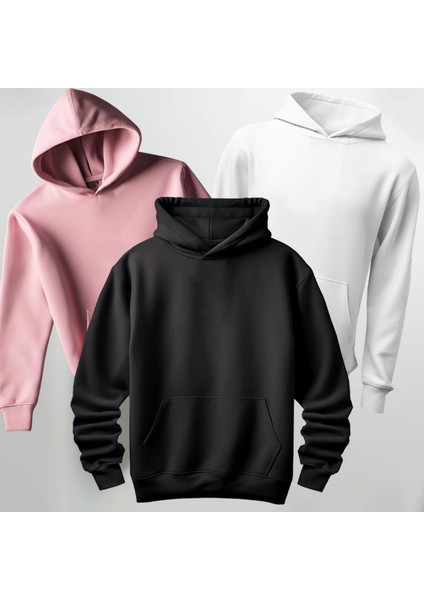 Oversize 3'lü Baskısız Kapüşonlu Sweatshirt Hoodie Kalın Kumaş 3 Iplik Şardonlu